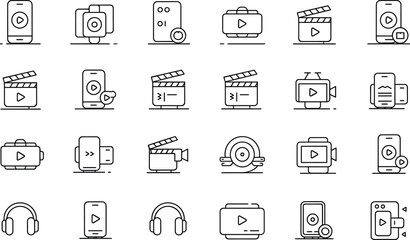 Media video icon set with smartphone player clapperboard headphones VR headset CD DVD streaming camera multimedia online entertainment