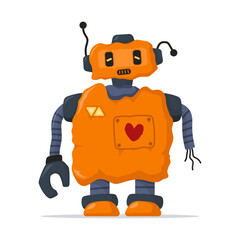Old broken robot. Colored silhouette. Front view. Vector simple flat graphic hand drawn illustration. Isolated object on white background. Isolate.