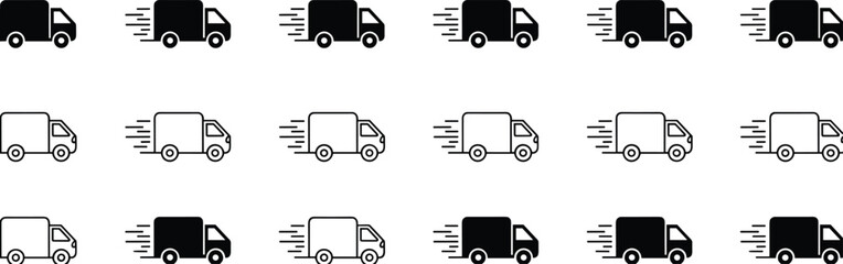 Fast delivery truck icon set, express shipping van, courier logistics symbol, quick transport vehicle, online shopping speed service design