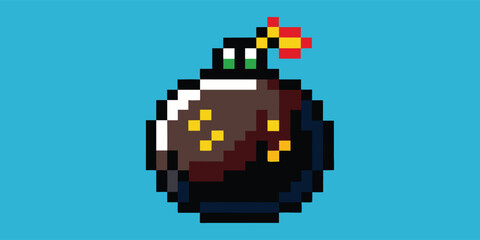 Fototapeta premium Pixel Art. Bomb. Game Asset. A detailed 16-bit vector icon of a classic round bomb with a lit fuse for a retro video game UI, a gamer t-shirt, or a nostalgic arcade-style design.