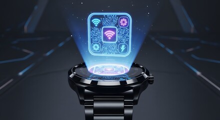Smartwatch displaying a holographic interface with app icons, qr code, and wifi symbol, symbolizing connectivity