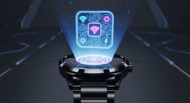 Smartwatch displaying a holographic interface with app icons, qr code, and wifi symbol, symbolizing connectivity
