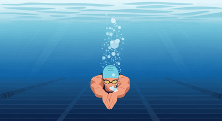 Underwater view of a swimmer in a blue cap and yellow goggles exhaling bubbles with light rays and lane lines