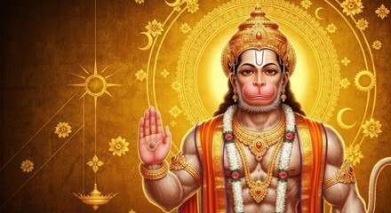 Hindu deity illustration with intricate ornaments, golden background, and celestial symbols in the scene