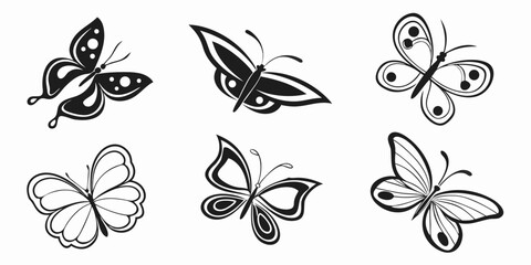 Collection of Stylized Black and White Butterfly Silhouettes