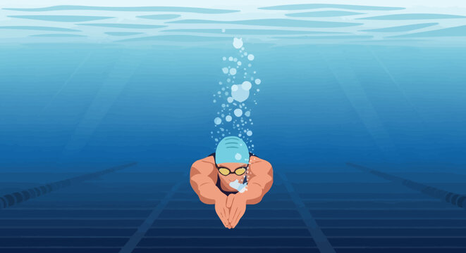Underwater view of a swimmer in a blue cap and yellow goggles exhaling bubbles with light rays and lane lines