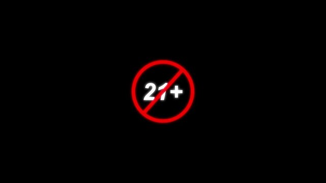 21 plus icon sign animation on dark background. Under 21 sign warning symbol. Over 21 only censored. eighteen age older. 4K animation video footage icon