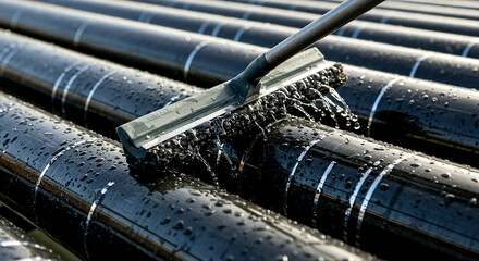 Squeegee removing water from parallel metal pipes