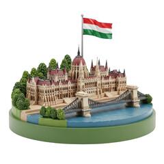 Miniature replica of hungarian parliament building with flag and bridge transparent background
