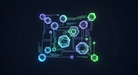 Abstract digital network of glowing geometric shapes and lines, symbolizing data connections, technology, and information flow