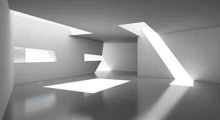 Modern architectural interior design with dramatic sunlight streaks and geometric forms