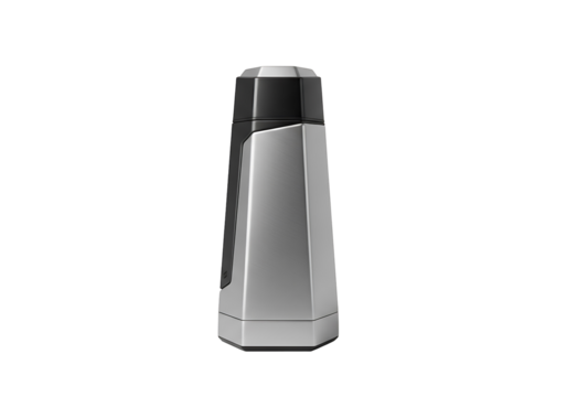 A modern, sleek, geometric bottle, showcasing a sophisticated, muted gray and black color scheme.
