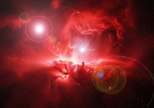 A vibrant red nebula with bright stars and lens flares creates a sense of wonder and cosmic exploration