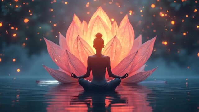Woman meditating on water and psychedelic lotus flower animation in the background in a seamless loop.
