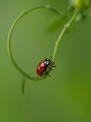 A ladybug perched delicately on a slender green vine against a soft, blurred green background.