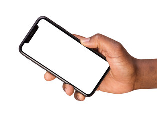Man showing a smart phone with blank screen isolated on transparent or white background	