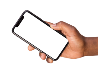 Man showing a smart phone with blank screen isolated on transparent or white background