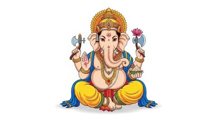 Illustration of deity Ganesha, seated with objects in hands, detailed robe, crown, halo on a white backdrop