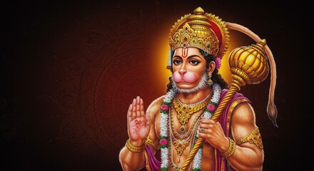 Obraz premium Illustration of deity with ape-like face, golden adornments, against a patterned dark background