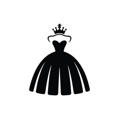 An elegant black silhouette of a princess ball gown with a royal crown, a perfect logo for a bridal or fashion boutique vector illustration