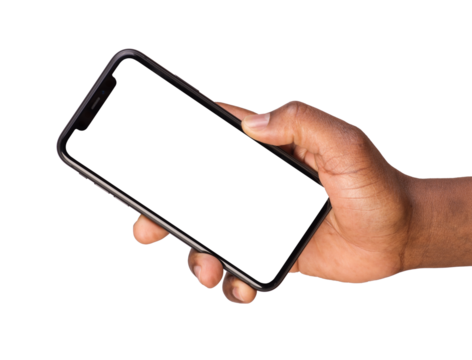 Man showing a smart phone with blank screen isolated on transparent or white background	