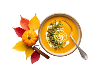 A bowl of vibrant pumpkin soup, garnished with pumpkin seeds and chives, sits atop a backdrop of autumn leaves, creating a visually appealing and flavorful autumnal scene.