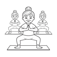 A beautiful coloring book page of a female yoga instructor teaching a class with students in a goddess pose vector illustration