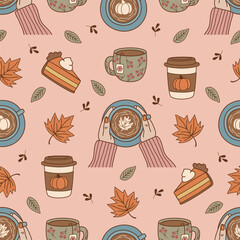 seamless pattern of autumn drinks and pie