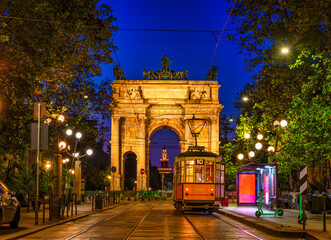 Tram near arch of Peace