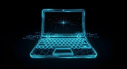 Glowing blue neon laptop, representing modern technology, digital innovation, and the future of computing