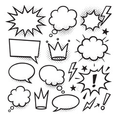 A large collection of hand-drawn comic book style speech bubbles, explosions, and action elements in a fun doodle vector illustration