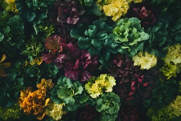 the scene is an overhead shot showcasing a dense arrangement of plants in various colors