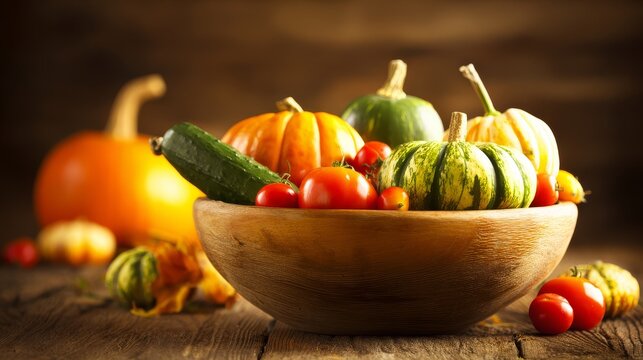 Vibrant fresh vegetables in wooden bowl with rich autumn harvest colors, World Food Day healthy eating concept still life against blurred earthy backdrop