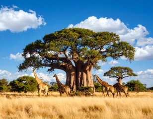 Giraffes grazing in african savanna with baobab tree and sunny sky