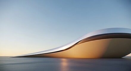 Modern architectural masterpiece reflects golden sunset sky with serene water surface