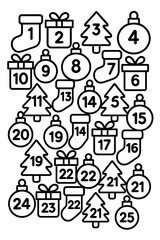 Christmas Advent Calendar Coloring Page Advent calendar themed graphics with gifts and holiday decorations