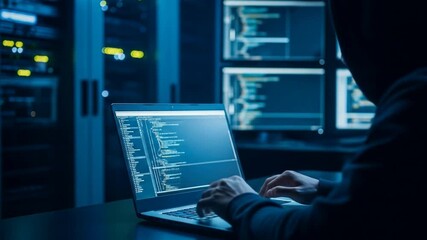 Hacking: Hooded Hacker Coding on Laptop in Dark Server Room, Cybersecurity Threat - Powered by Adobe