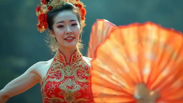 Dynamic Chinese fan dance performer in a vibrant traditional dress, holding open fans mid-movement, stage background, energetic pose.
