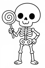 Cute skeleton holding big lollipop coloring page, Halloween cartoon illustration for kids fun festive spooky printable art