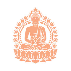 An elegant pink line art illustration of the Buddha meditating on a lotus flower within an ornate floral halo vector illustration