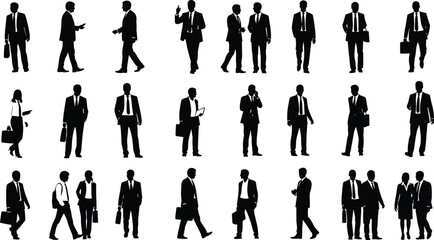 Silhouettes of Business Professionals in Formal Attire Performing Office Gestures for Corporate Presentation, Teamwork, Communication, and Workplace Design Concepts