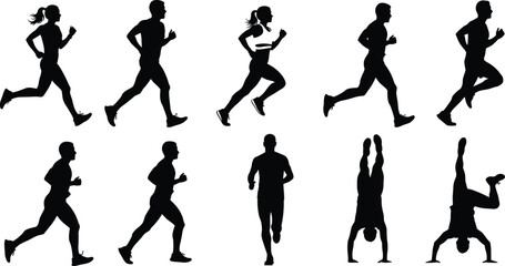 Silhouettes of Men and Women Running and Performing Handstands for Fitness, Motion, Athletic Training, Exercise, and Active Lifestyle Vector Design Concepts