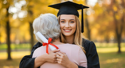 Proud graduate hugs her grandmother after graduation ceremony autumn leaves background happy family achievement success education celebration