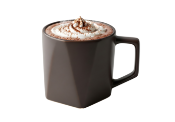 A dark gray mug filled with steaming hot chocolate, topped with whipped cream and cocoa powder, is presented against a striking black backdrop.