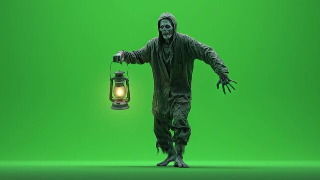 A zombie holding a lantern walking slowly on a green screen background in a scary manner green screen halloween video