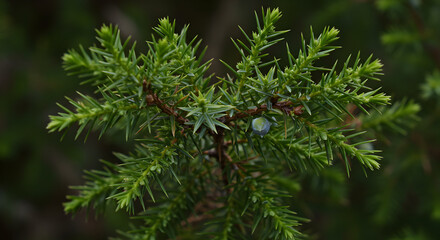 Lush Green Juniper Branch with Berries Close Up Shot Nature Photography Botanical Image Evergreen Conifer