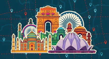 Colorful Montage of Famous Indian Landmarks for Travel and Tourism