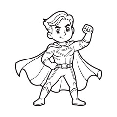 A cute and brave young superhero boy standing in a powerful pose, an easy and fun coloring book page for kids vector illustration © Pixel Pulse
