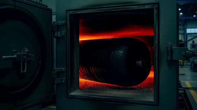 Industrial vulcanization oven door open revealing glowing hot interior and Kevlar fuel bladder curing symbolizing advanced heat treatment processes.
