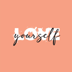 Love yourself handwritten black text isolated on pink background vector.
